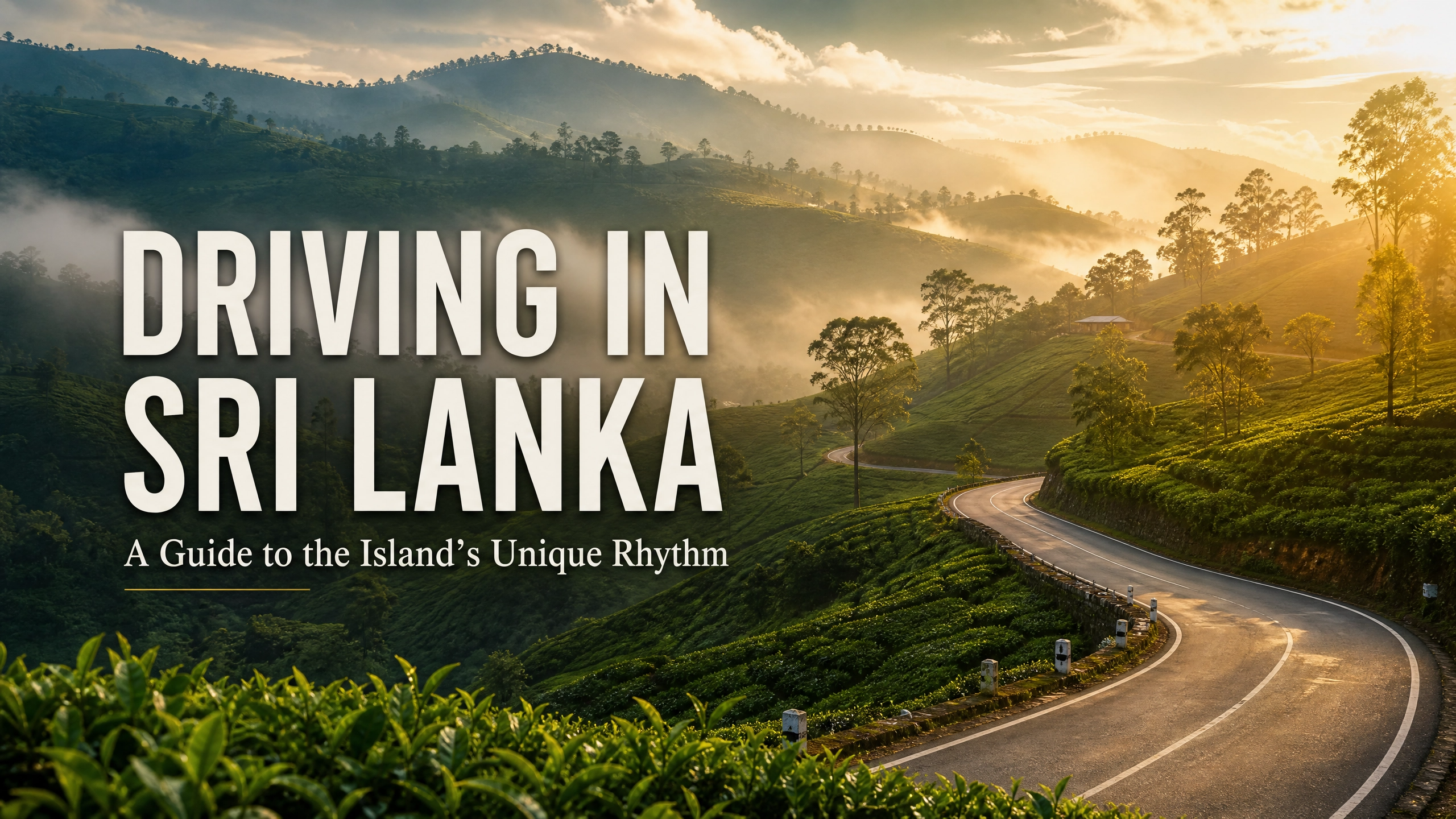 Realistic cinematic view of a winding road through Sri Lankan tea plantations with a car driving through the mist, featured image for Sri Lanka driving guide.